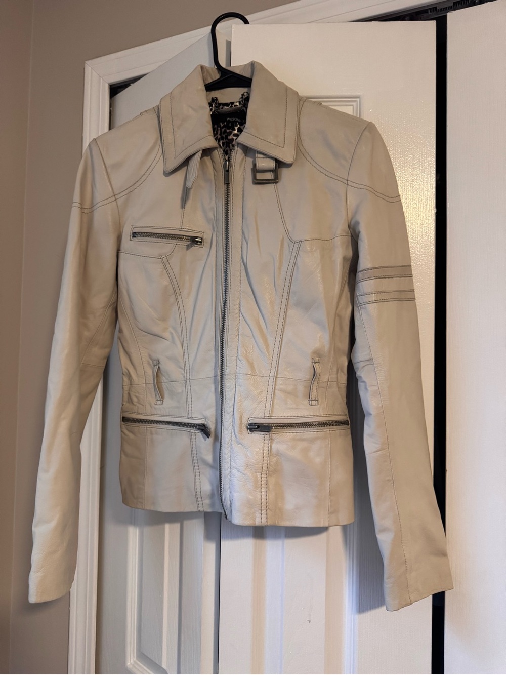 Wilsons Leather Moto Jacket Cream Off White Genuine Leather Small Leopard Y2K